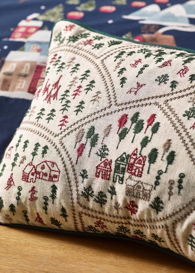 Catherine Lansfield Natural Christmas Ski Village Embroidered Cushion
