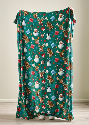 Catherine Lansfield Green Christmas Icons Cosy Fleece Blanket Throw