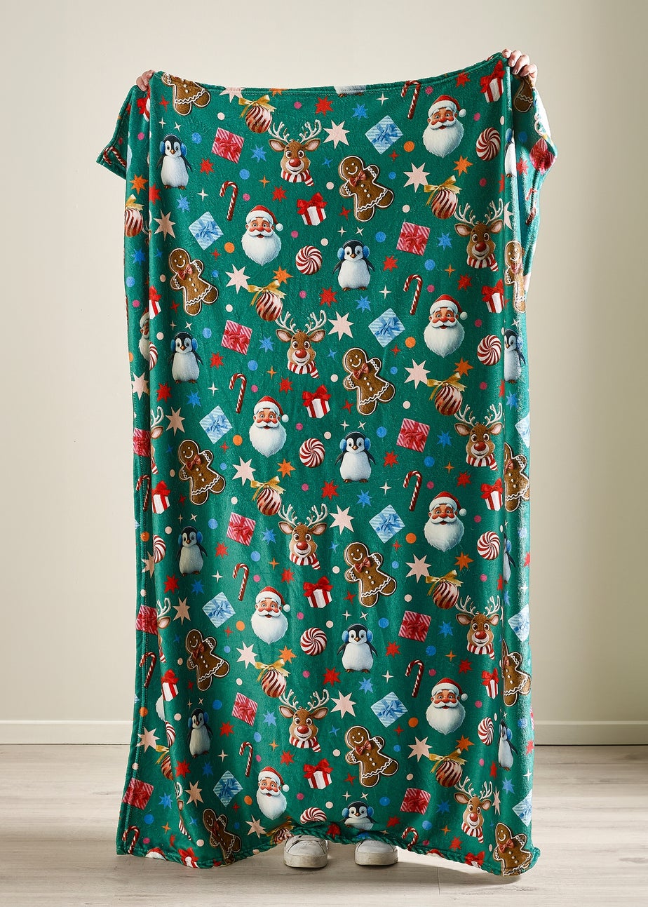 Catherine Lansfield Green Christmas Icons Cosy Fleece Blanket Throw
