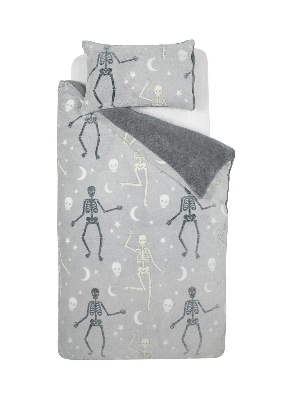 Catherine Lansfield Grey Halloween Skeleton Fleece Glow in the Dark Duvet Cover Set