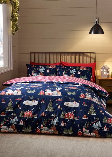 Catherine Lansfield Blue Christmas Ski Village Reversible Duvet Cover Set