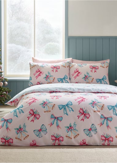 Catherine Lansfield Pink Christmas Bows & Bells Reversible Duvet Cover Set