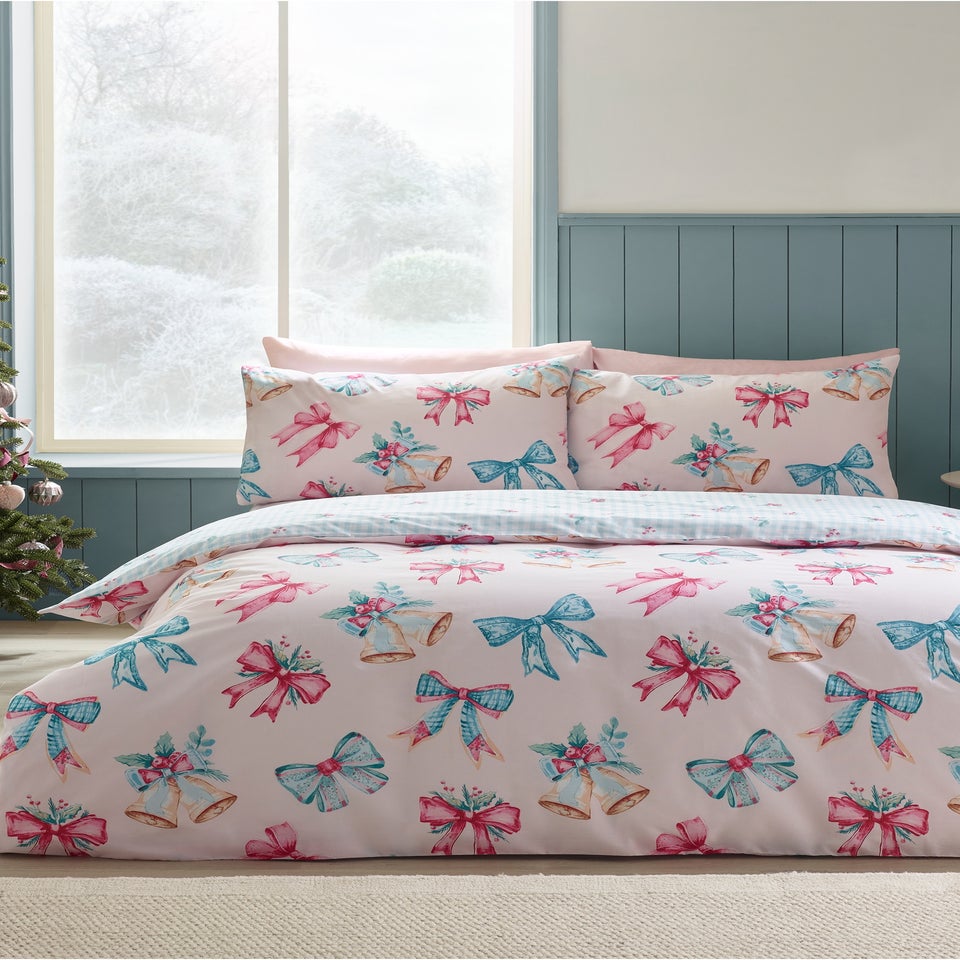 Catherine Lansfield Pink Christmas Bows & Bells Reversible Duvet Cover Set