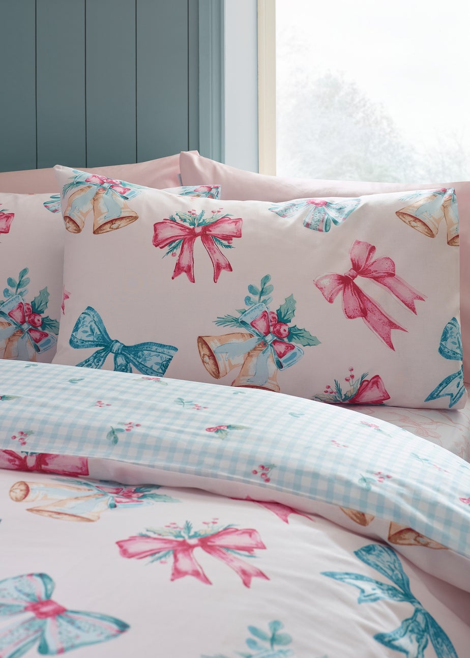 Catherine Lansfield Pink Christmas Bows & Bells Reversible Duvet Cover Set