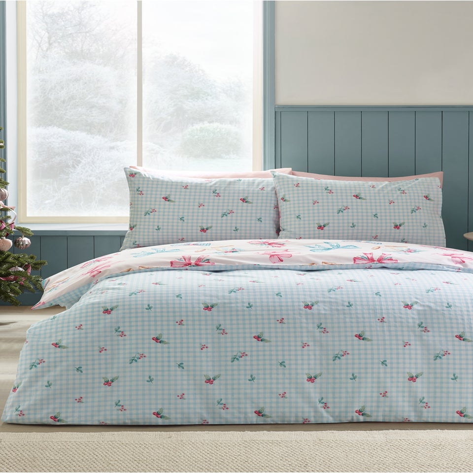 Catherine Lansfield Pink Christmas Bows & Bells Reversible Duvet Cover Set