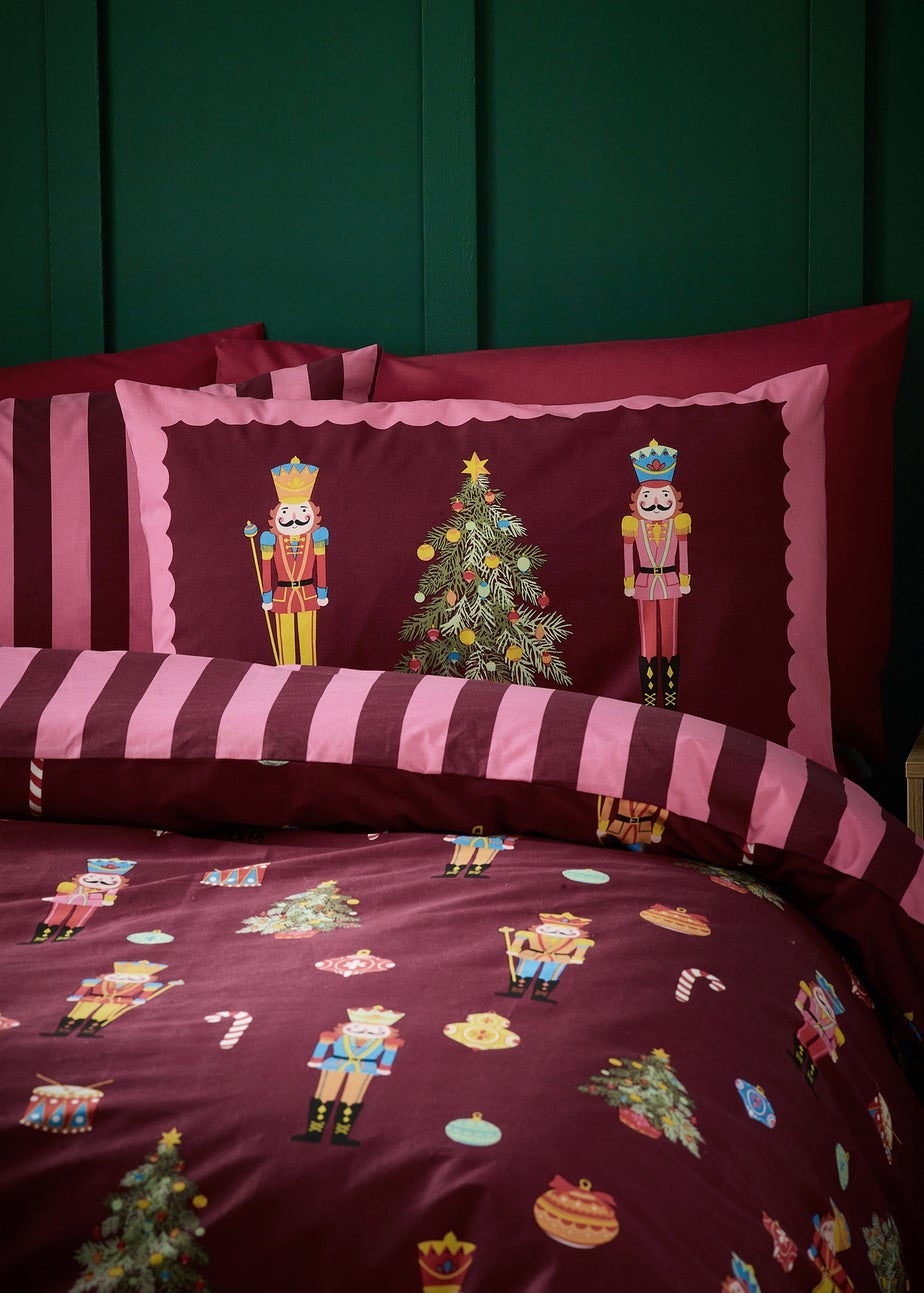 Catherine Lansfield Plum Christmas Nutcracker Stripe Reversible Duvet Cover Set