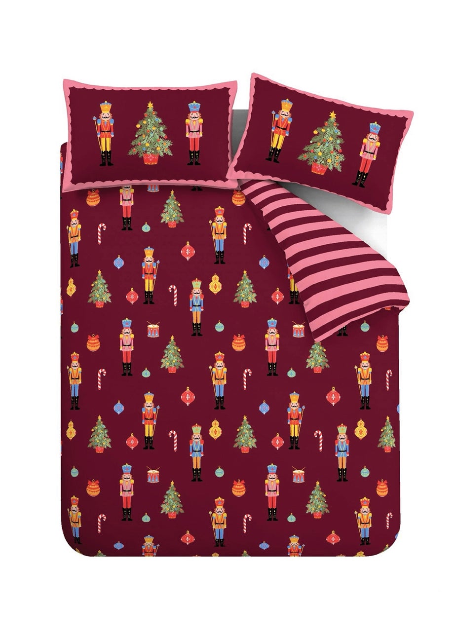 Catherine Lansfield Plum Christmas Nutcracker Stripe Reversible Duvet Cover Set