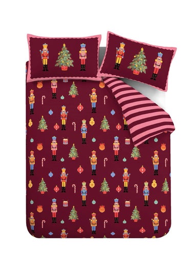 Catherine Lansfield Plum Christmas Nutcracker Stripe Reversible Duvet Cover Set