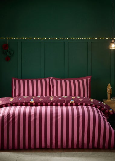 Catherine Lansfield Plum Christmas Nutcracker Stripe Reversible Duvet Cover Set