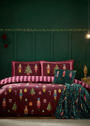 Catherine Lansfield Plum Christmas Nutcracker Stripe Reversible Duvet Cover Set