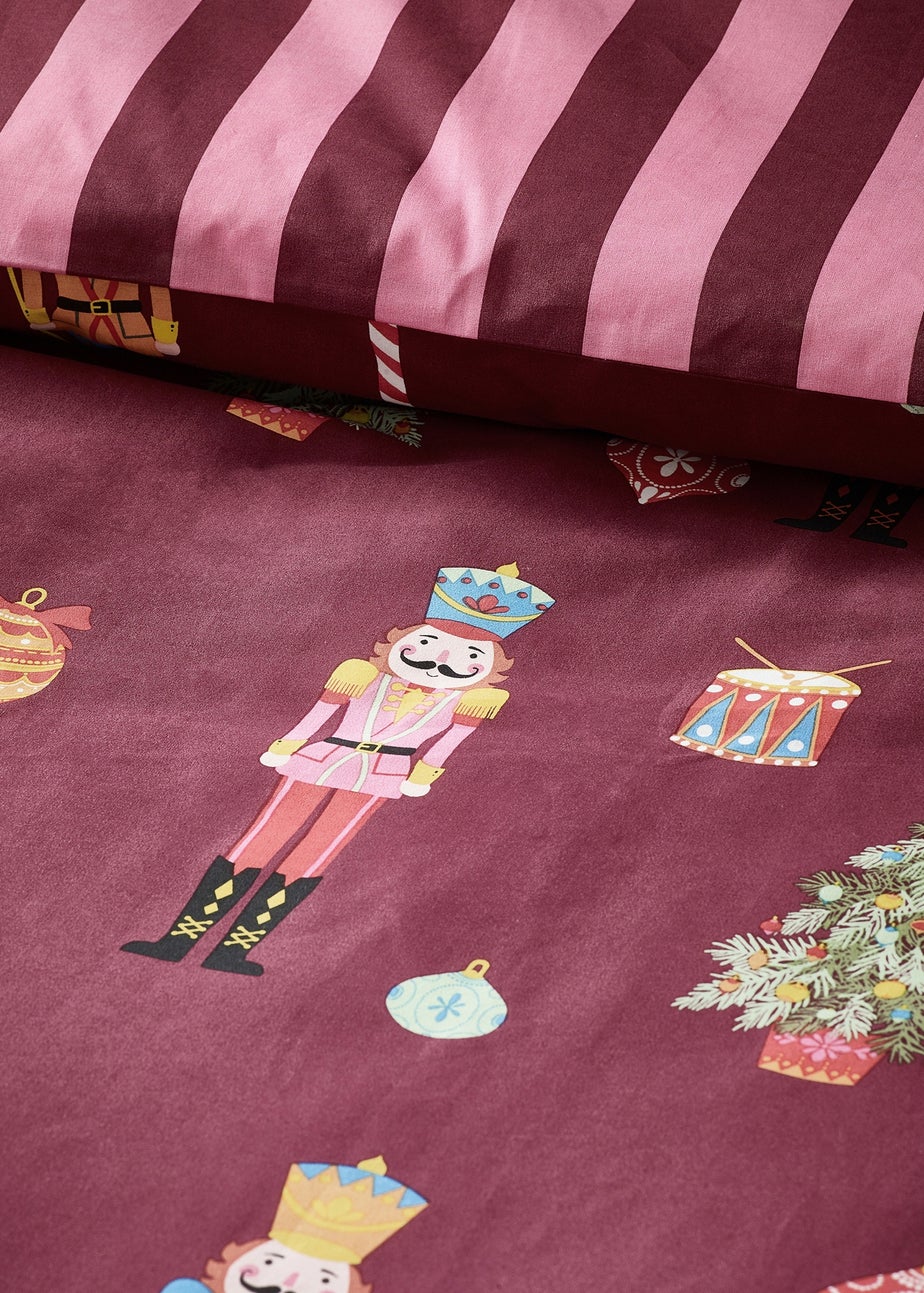 Catherine Lansfield Plum Christmas Nutcracker Stripe Reversible Duvet Cover Set