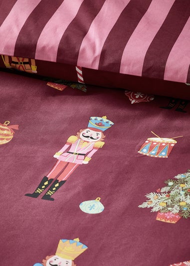 Catherine Lansfield Plum Christmas Nutcracker Stripe Reversible Duvet Cover Set