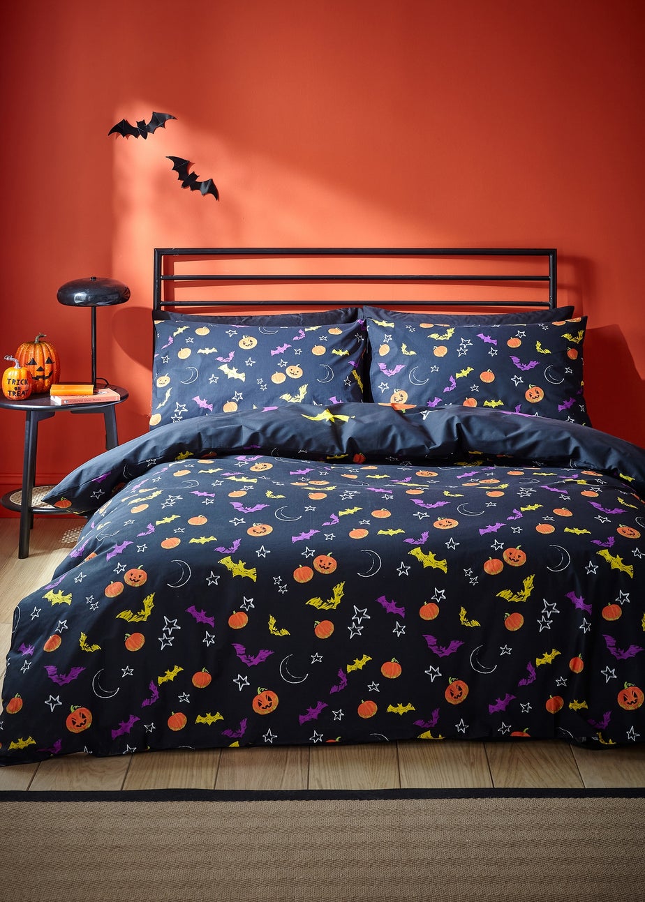 Catherine Lansfield Black Halloween Trick or Treat Reversible Duvet Cover Set