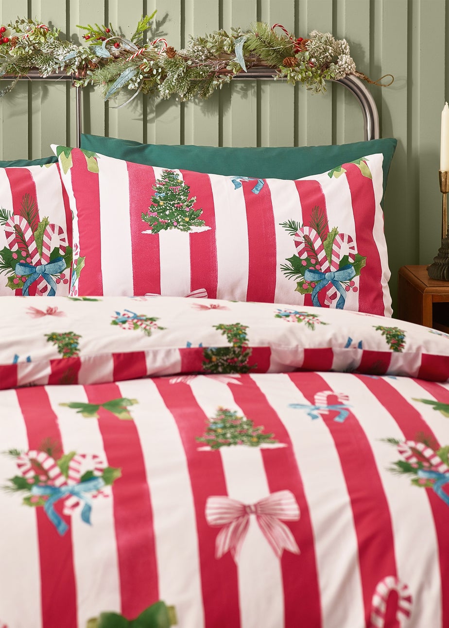 Catherine Lansfield Red Christmas Stripe Reversible Duvet Cover Set