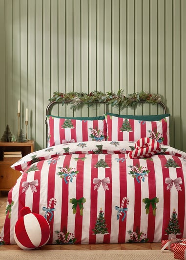 Catherine Lansfield Red Christmas Stripe Reversible Duvet Cover Set