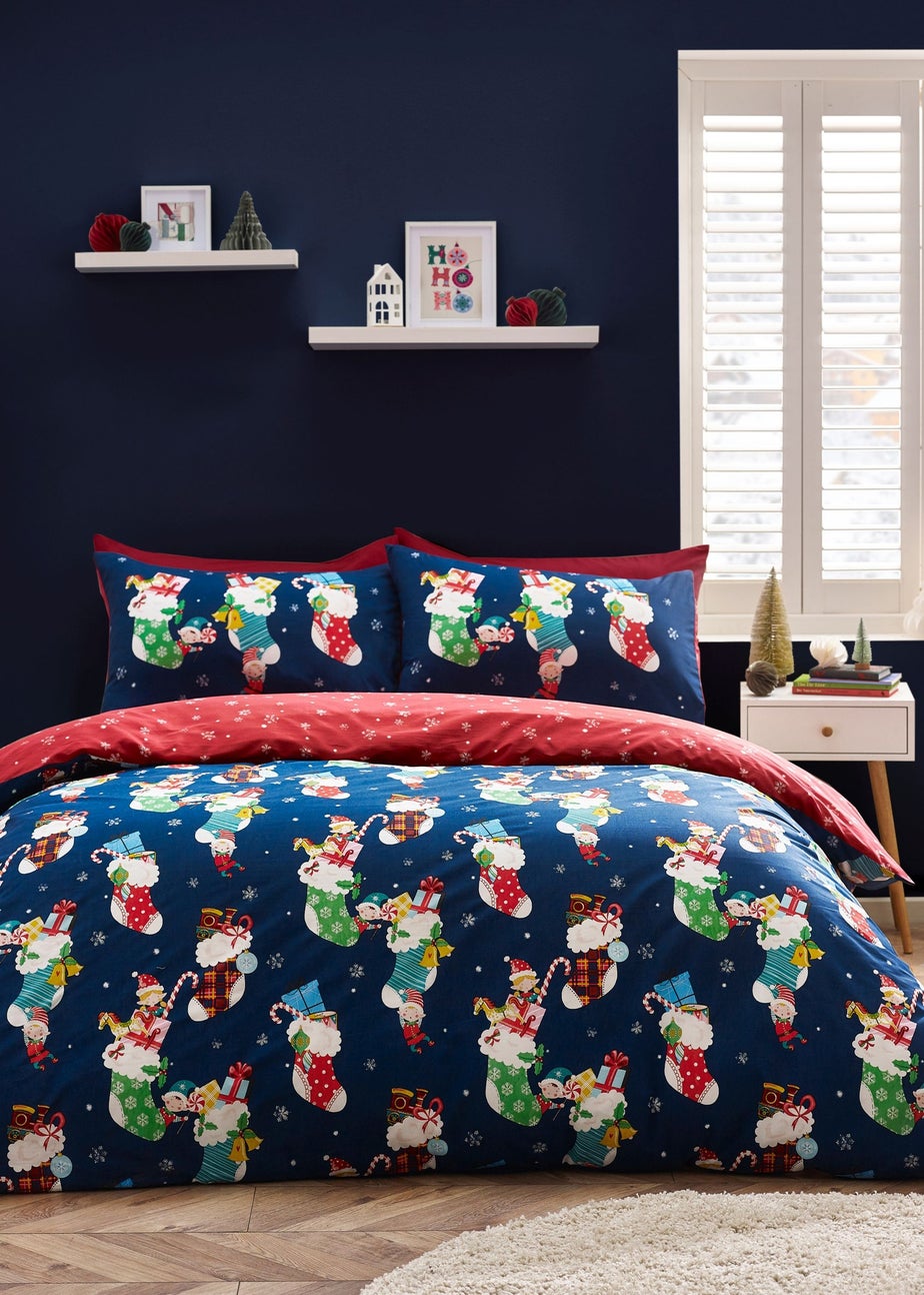 Catherine Lansfield Navy Christmas Elves Cotton Rich Duvet Cover Set