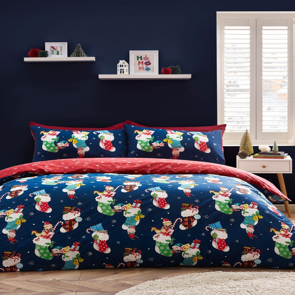 Catherine Lansfield Navy Christmas Elves Cotton Rich Duvet Cover Set