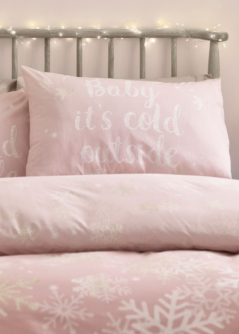 Catherine Lansfield Pink Christmas Baby It's Cold Outside Reversible Duvet Cover Set