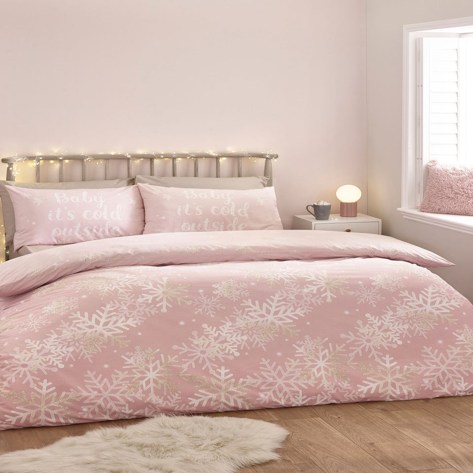 Catherine Lansfield Pink Christmas Baby It's Cold Outside Reversible Duvet Cover Set