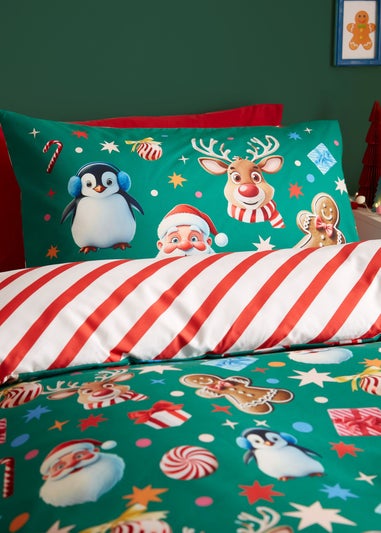 Catherine Lansfield Green Christmas Icons So Soft Reversible Duvet Cover Set