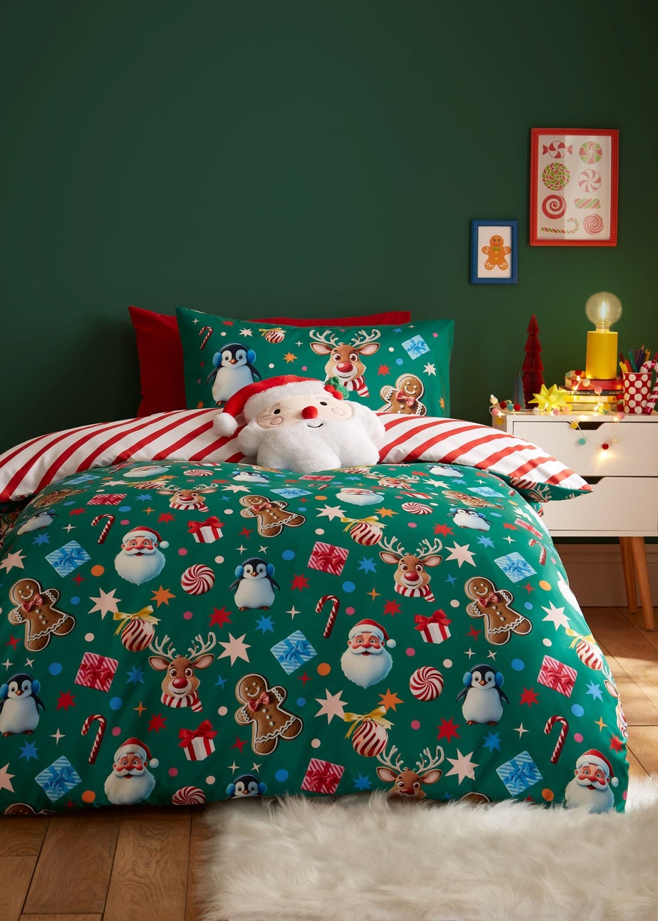 Catherine Lansfield Green Christmas Icons So Soft Reversible Duvet Cover Set