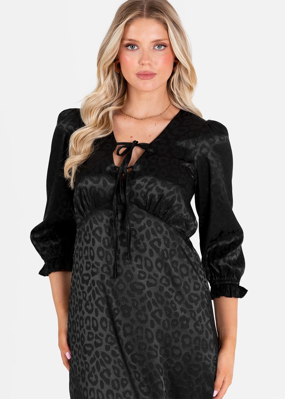 Lovedrobe Black Animal Jacquard Tie Neck High-Low Hem Dress