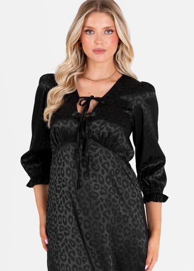 Lovedrobe Black Animal Jacquard Tie Neck High-Low Hem Dress