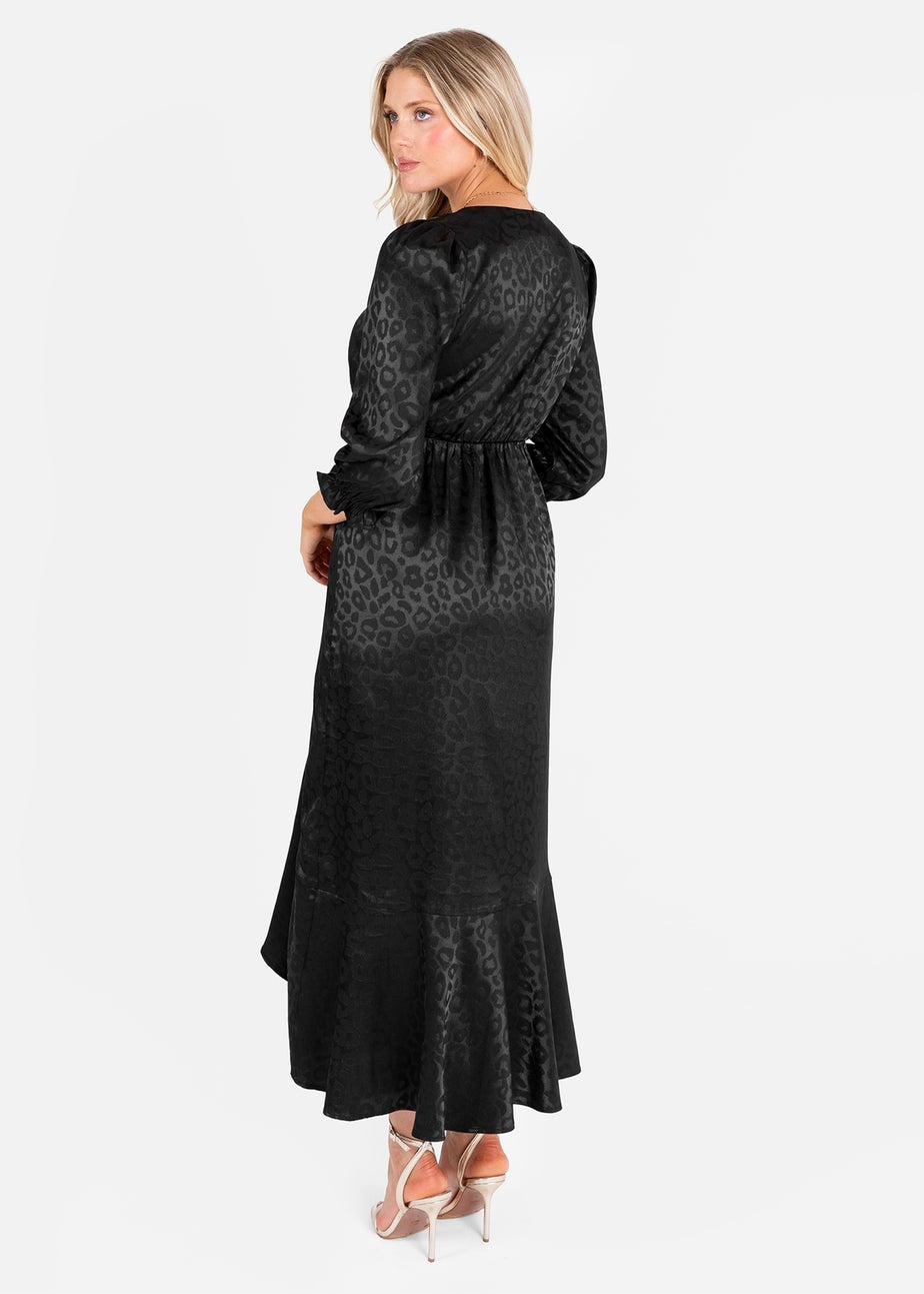 Lovedrobe Black Animal Jacquard Tie Neck High-Low Hem Dress