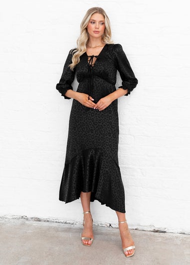 Lovedrobe Black Animal Jacquard Tie Neck High-Low Hem Dress