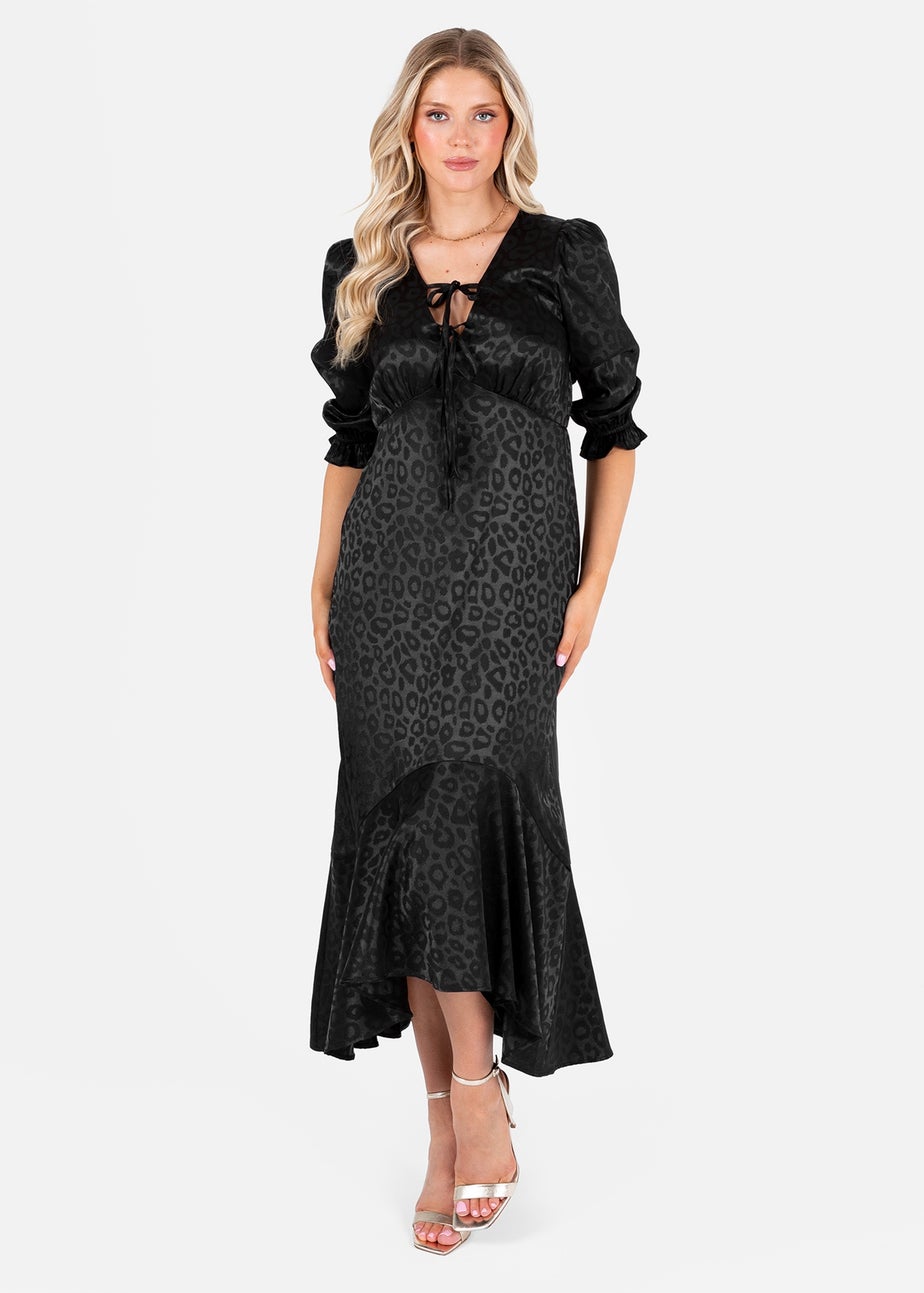 Lovedrobe Black Animal Jacquard Tie Neck High-Low Hem Dress