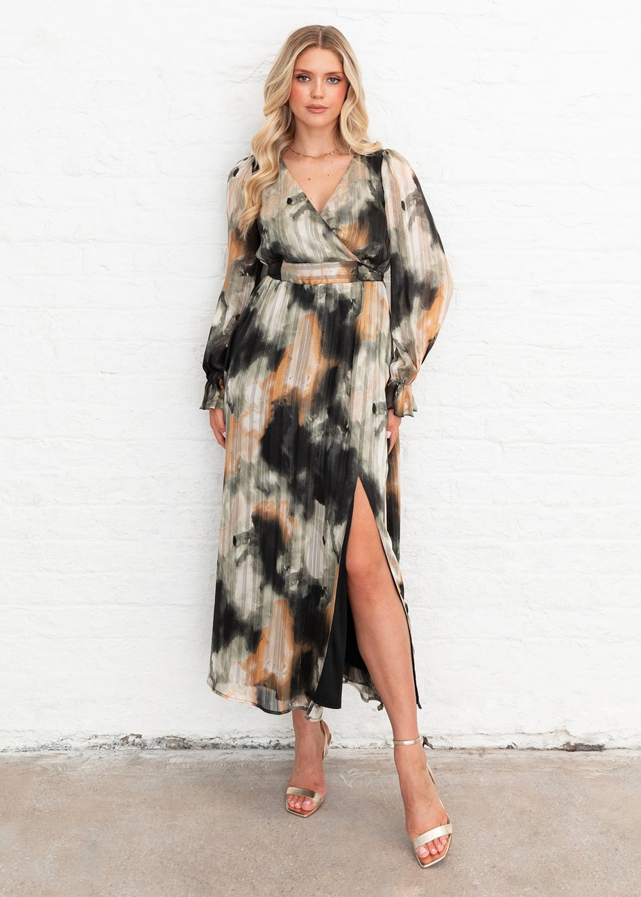 Lovedrobe Faux Wrap Black/Off White Long Sleeve Tie Back Midaxi Dress