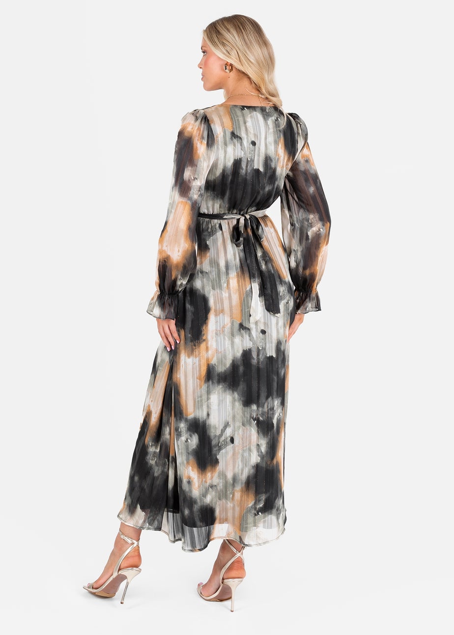 Lovedrobe Faux Wrap Black/Off White Long Sleeve Tie Back Midaxi Dress