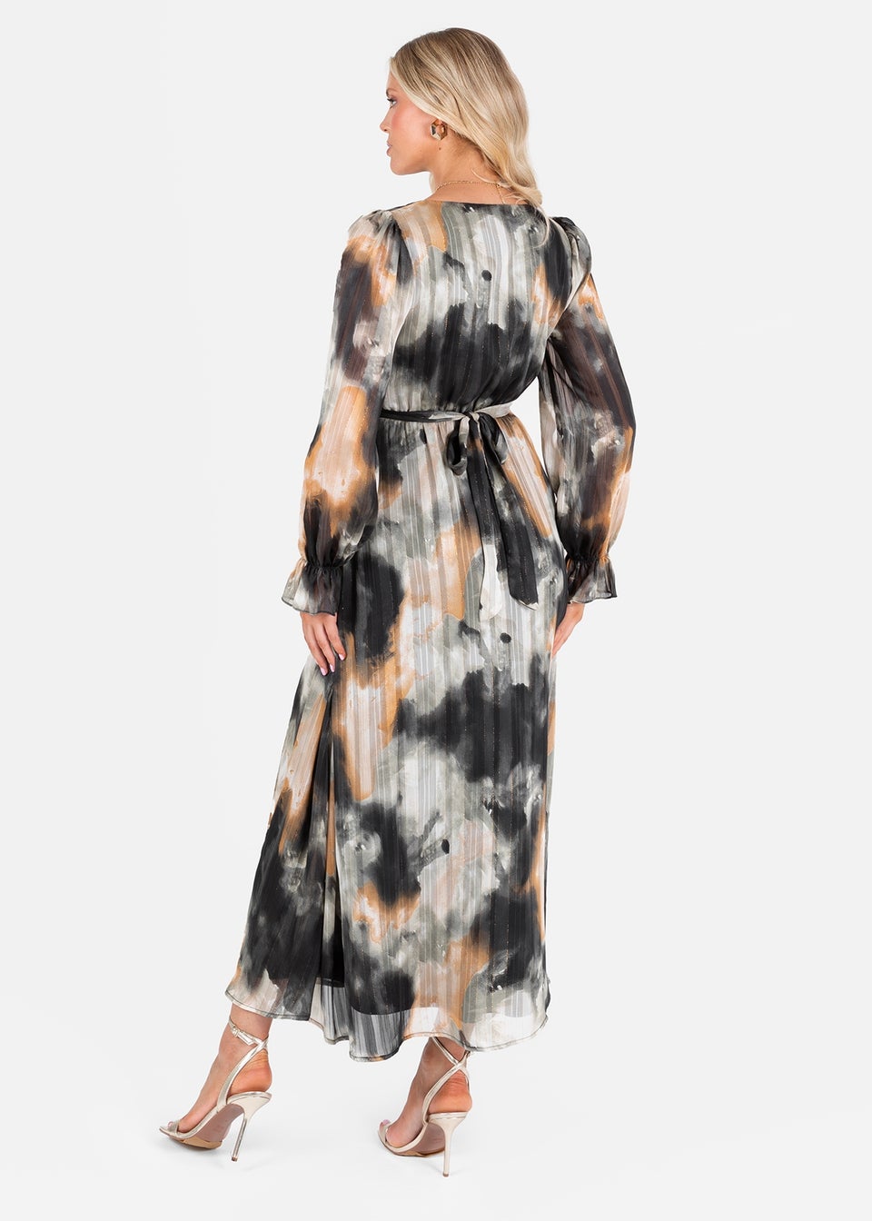 Lovedrobe Faux Wrap Black/Off White Long Sleeve Tie Back Midaxi Dress