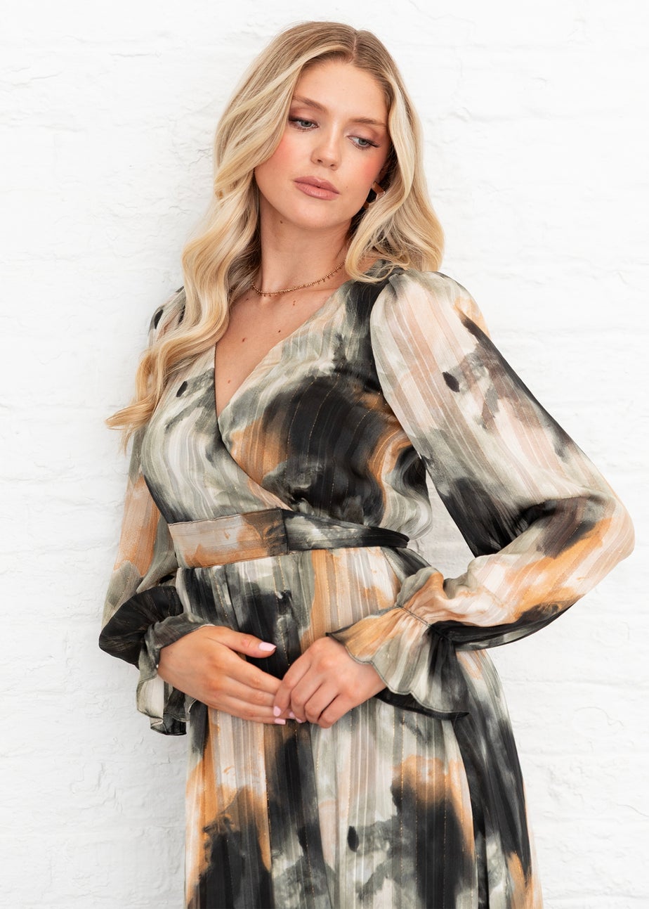 Lovedrobe Faux Wrap Black/Off White Long Sleeve Tie Back Midaxi Dress