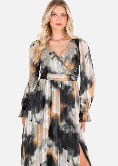 Lovedrobe Faux Wrap Black/Off White Long Sleeve Tie Back Midaxi Dress