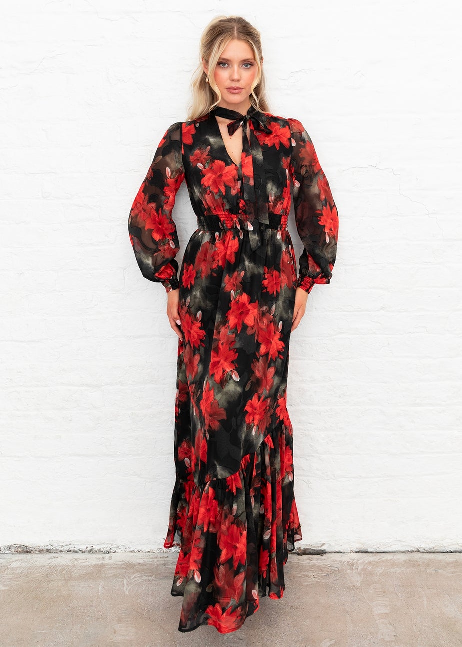 Lovedrobe Floral Tie Neck Long Sleeve & Shirred Waist Maxi Dress