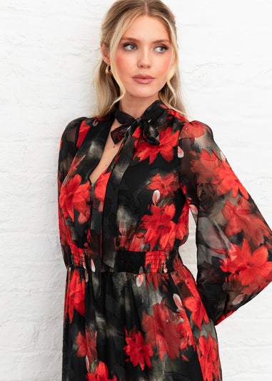 Lovedrobe Floral Tie Neck Long Sleeve & Shirred Waist Maxi Dress