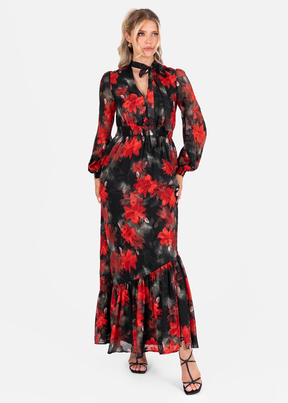 Lovedrobe Floral Tie Neck Long Sleeve & Shirred Waist Maxi Dress