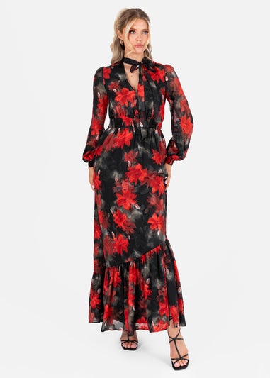 Lovedrobe Floral Tie Neck Long Sleeve & Shirred Waist Maxi Dress