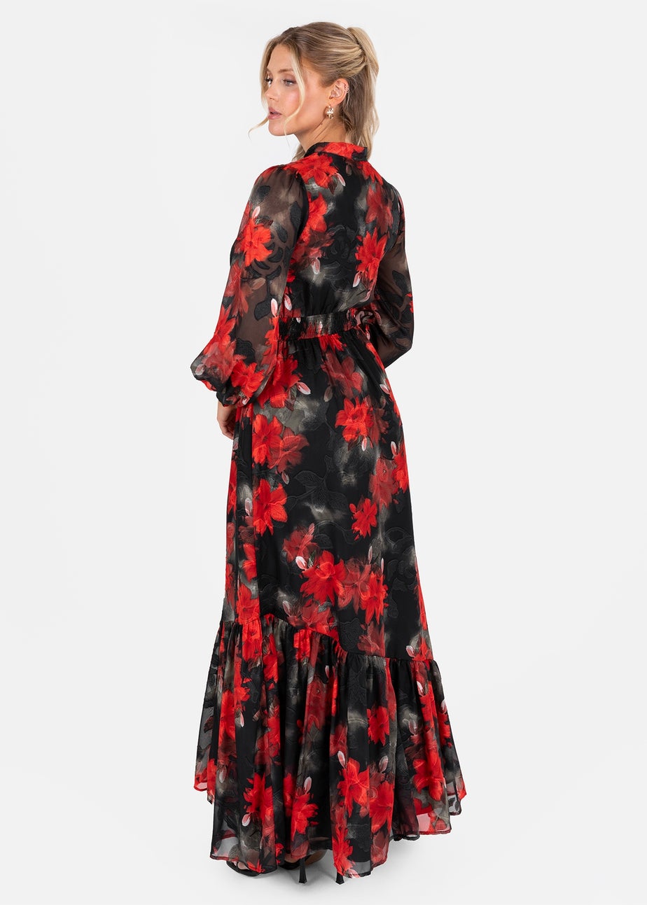 Lovedrobe Floral Tie Neck Long Sleeve & Shirred Waist Maxi Dress