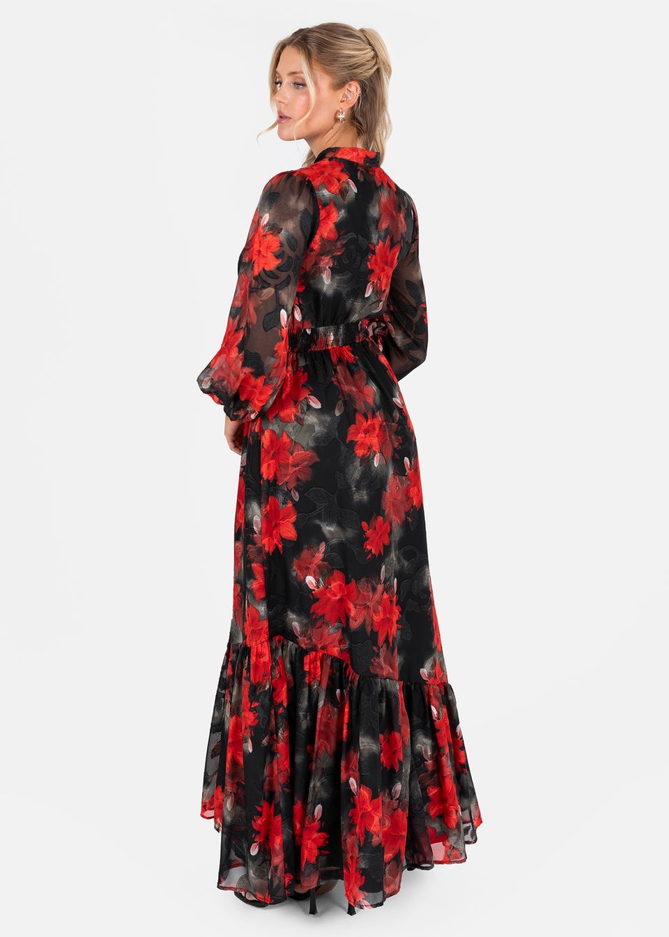 Lovedrobe Floral Tie Neck Long Sleeve & Shirred Waist Maxi Dress