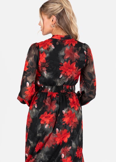 Lovedrobe Floral Tie Neck Long Sleeve & Shirred Waist Maxi Dress