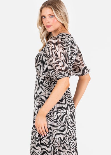 Lovedrobe Animal Print Faux Black/Off White Wrap Puff Sleeve Midaxi Dress