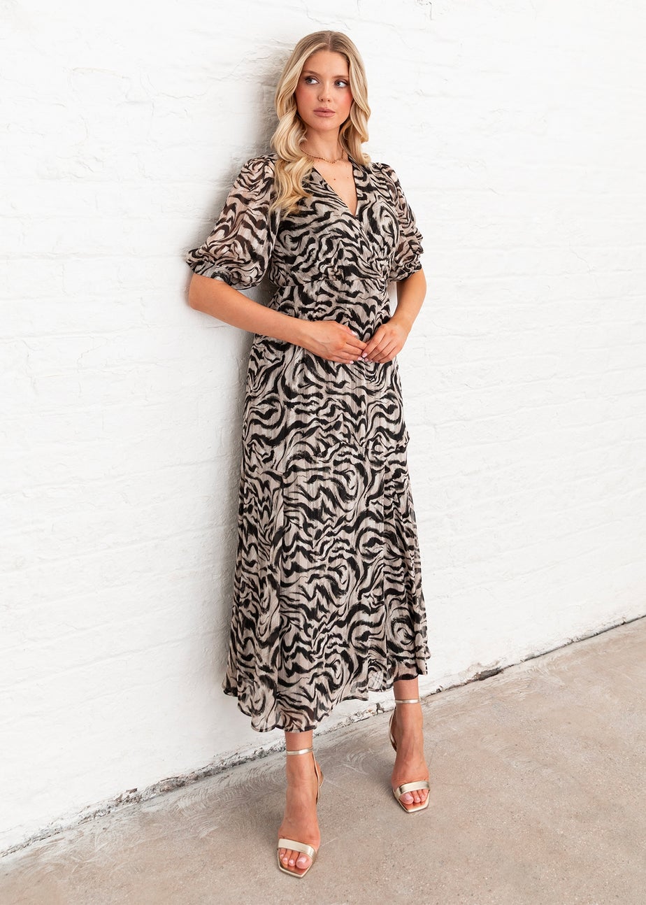 Lovedrobe Animal Print Faux Black/Off White Wrap Puff Sleeve Midaxi Dress