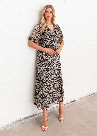 Lovedrobe Animal Print Faux Black/Off White Wrap Puff Sleeve Midaxi Dress