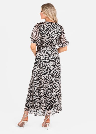 Lovedrobe Animal Print Faux Black/Off White Wrap Puff Sleeve Midaxi Dress