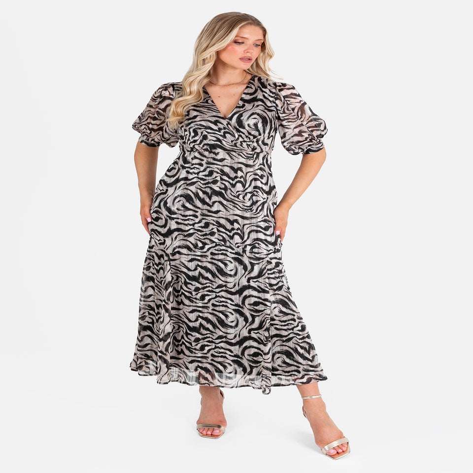 Lovedrobe Animal Print Faux Black/Off White Wrap Puff Sleeve Midaxi Dress
