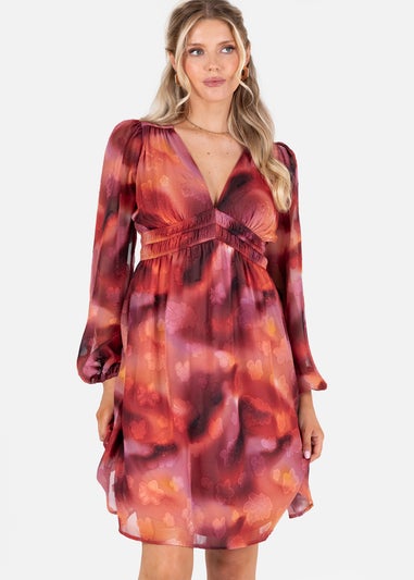 Lovedrobe Floral Burnout Long Sleeve V Neck Mini Dress