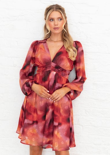 Lovedrobe Floral Burnout Long Sleeve V Neck Mini Dress