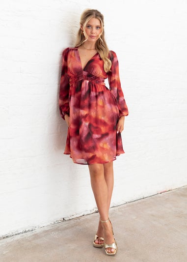 Lovedrobe Floral Burnout Long Sleeve V Neck Mini Dress